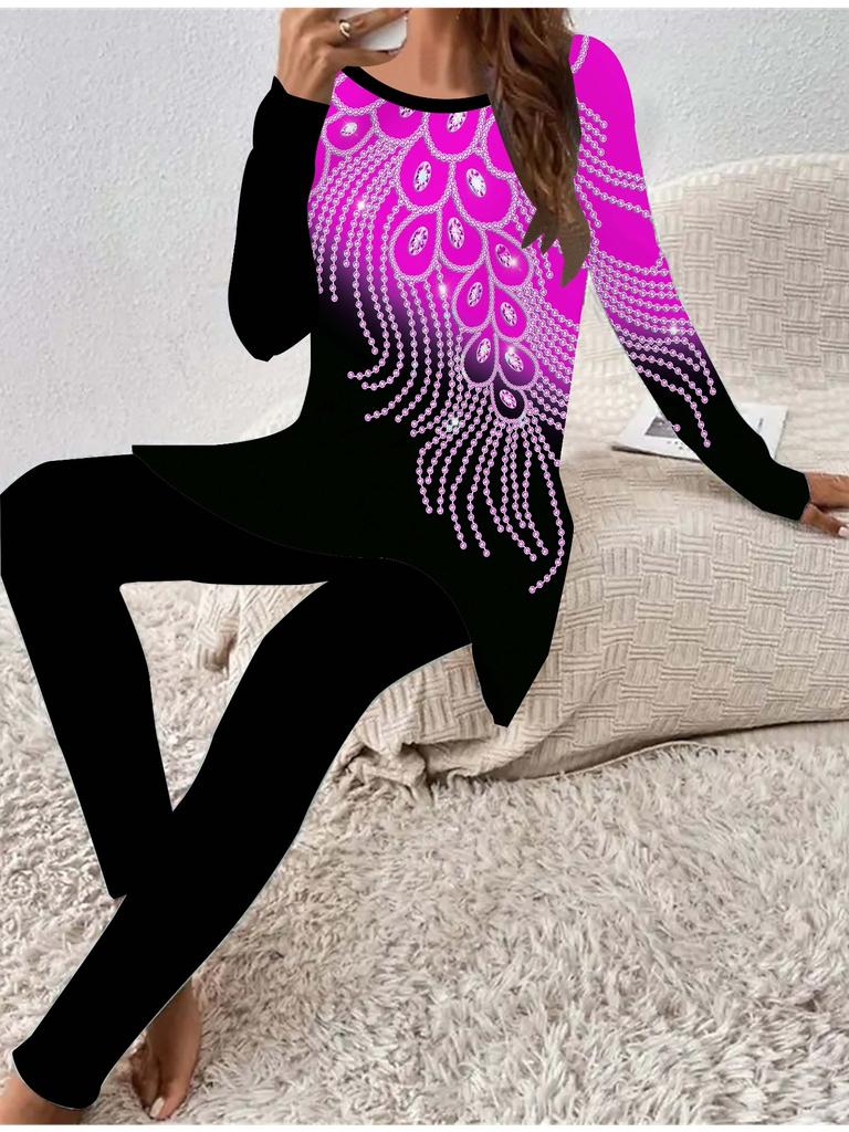 Euroamerikanische Mode 3D-gedrucktes Damen Vier-Jahreszeiten Langarm-T-Shirt + Lange Hose Zweiteiler. Perfektes Geschenk für Neujahr & Weihnachten