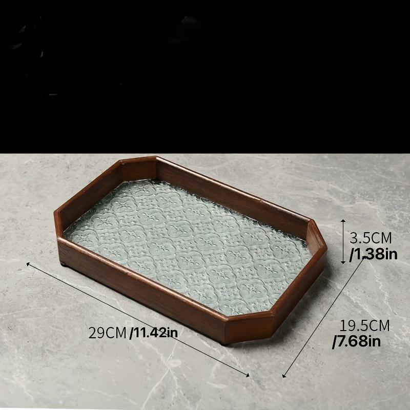 1pc Flower Corundum Pattern Embossed Glass Dark Octagonal Tray, Wooden Edge Tray, For Home Room Living Room Office Decor