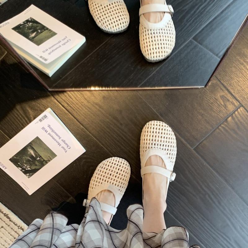 Sheepskin Hollow Woven Mesh Bag Head Half Drag Lazy Slippers Women's Summer Wear Mary Jane Cool Slippers