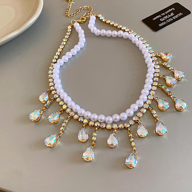 Elegante französische geometrische Zirkon-Perlenkette - Vielseitige High-End-Pulloverkette