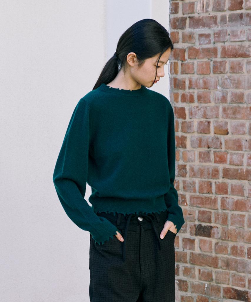 SHINE ON YOU Premium 100% Cashmere Frey Edge Round Neck Knit_Forest Teal