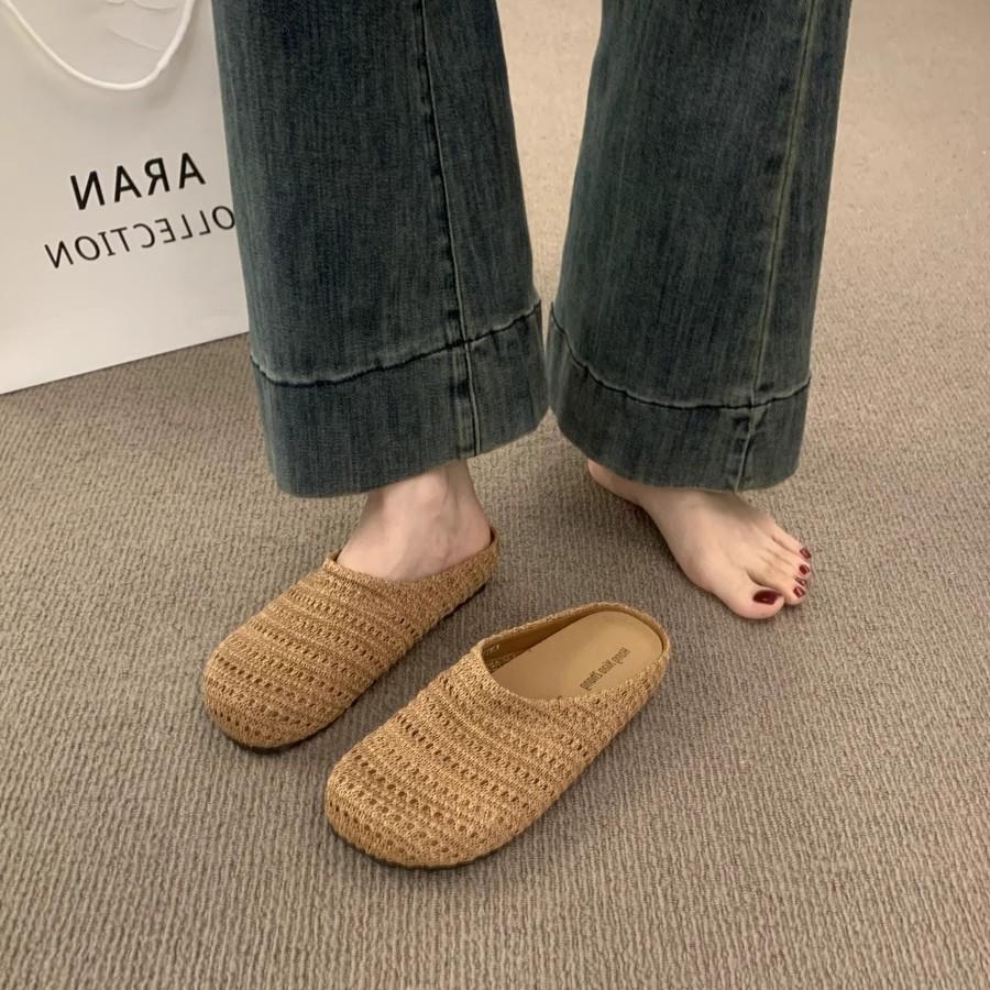 Niche hand-woven hollow breathable bag head half slippers women's summer outer wear wind thick bottom