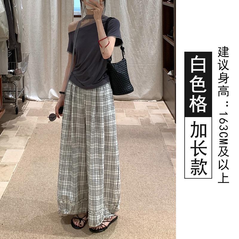 American retro spring and autumn new lazy high street loose graffiti print plaid daily casual wide-leg trousers