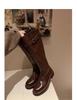 2025 New Retro Style But Knee Boots Round Head Knight Boots Thick Heel Metal Belt Buckle Slim Straight Boots