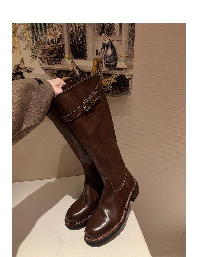 2025 New Retro Style But Knee Boots Round Head Knight Boots Thick Heel Metal Belt Buckle Slim Straight Boots