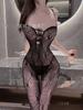 Sexy Bow Perspective Open Mesh  Transparent Suspender One-piece Women Rompers Clothing Body Suits Lace Jumpsuit B45V