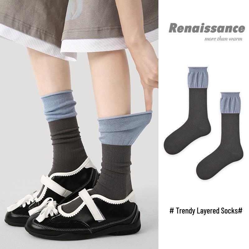 Renaissance Women's Blue-Gray Color Block Mid-Calf Socks - Autumn Winter, Bone-Free, Simple Style