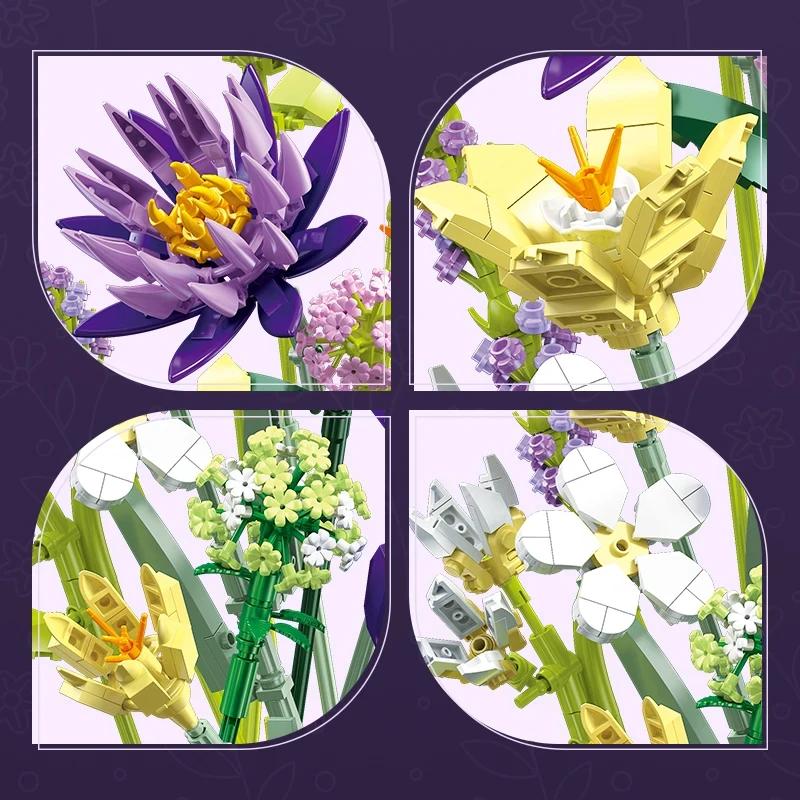 891PCS Romantisk Blomsterbukett Byggklossar Evig Blomma Växt Montera Klossar Kreativ Skrivbordsdeko Barn DIY Leksaker Gåvor