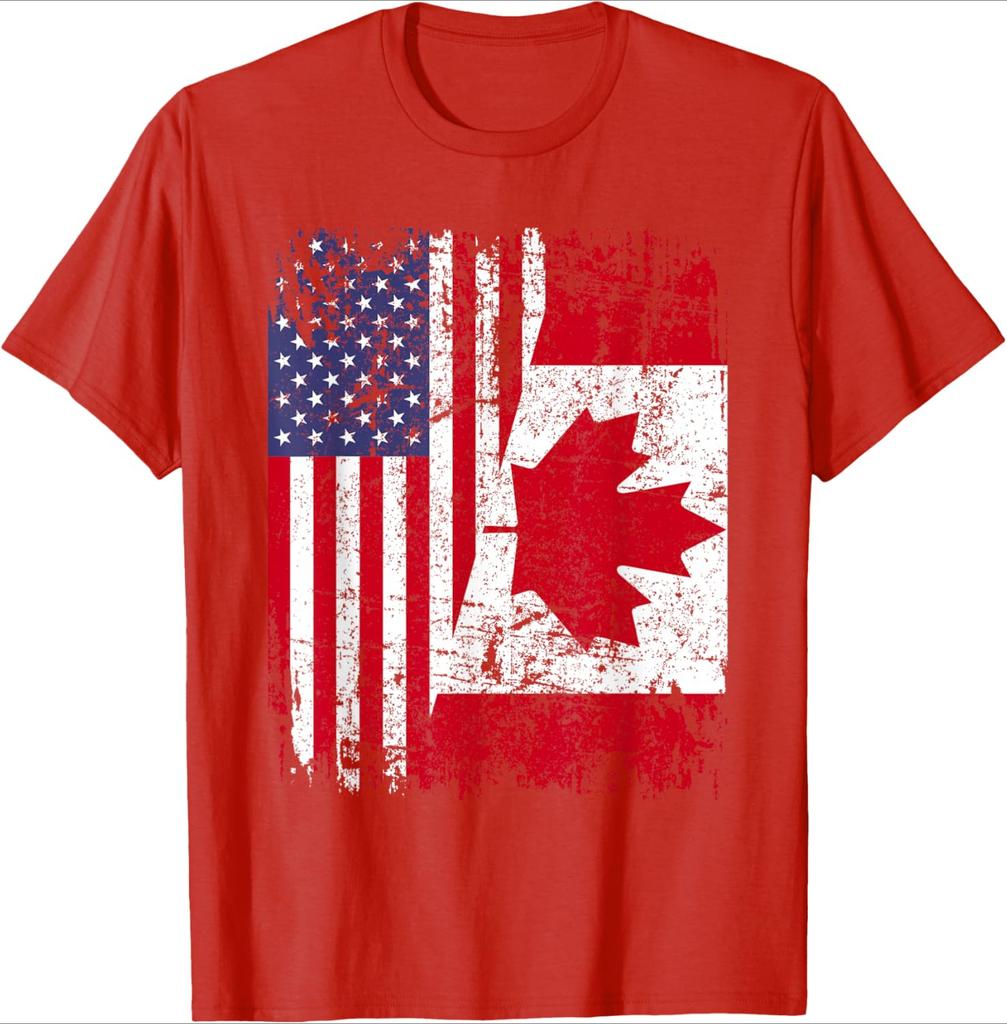 CANADIAN ROOTS|Half American Flag|CANADA pattern design-100% cotton summer O-neck short sleeve printed men's T-shirt.