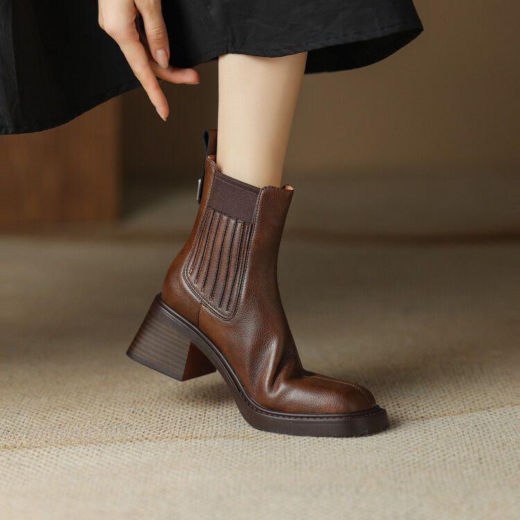 

Coarse-heeled short boots women s 2025 winter new comfortable and thin elastic boots square French ankle boots high-heeled Chelsea boots 40
