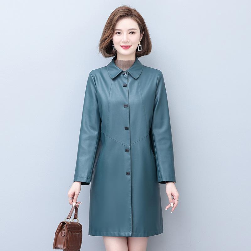 Herbst und Winter Neue große Lederkleidung Damen Koreanische Ausgabe Polokragen Mittellange Lederjacke Damen Slim Fit Lederaußenhülle Trend