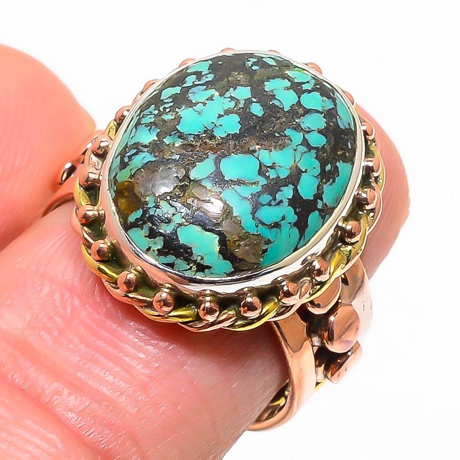 Natural Tibetan Turquoise Two Tone 925 Sterling Silver Jewelry Ring S.8.5 d5E23