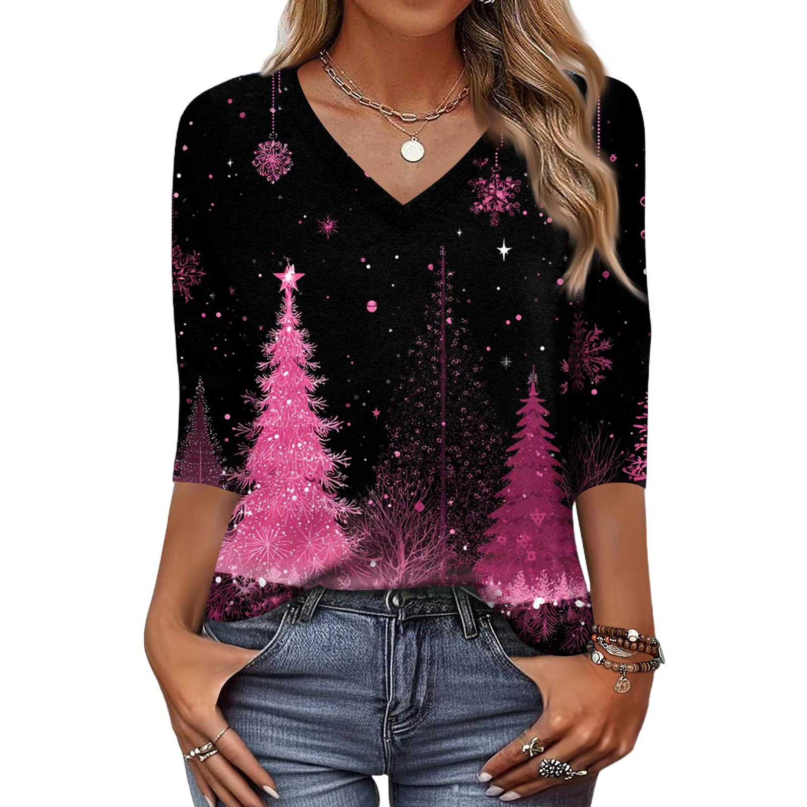 

Модный винтажный топ с рукавом 3/4 для женщин, женская повседневная футболка с рукавом три четверти, V-образным вырезом и принтом XXXL