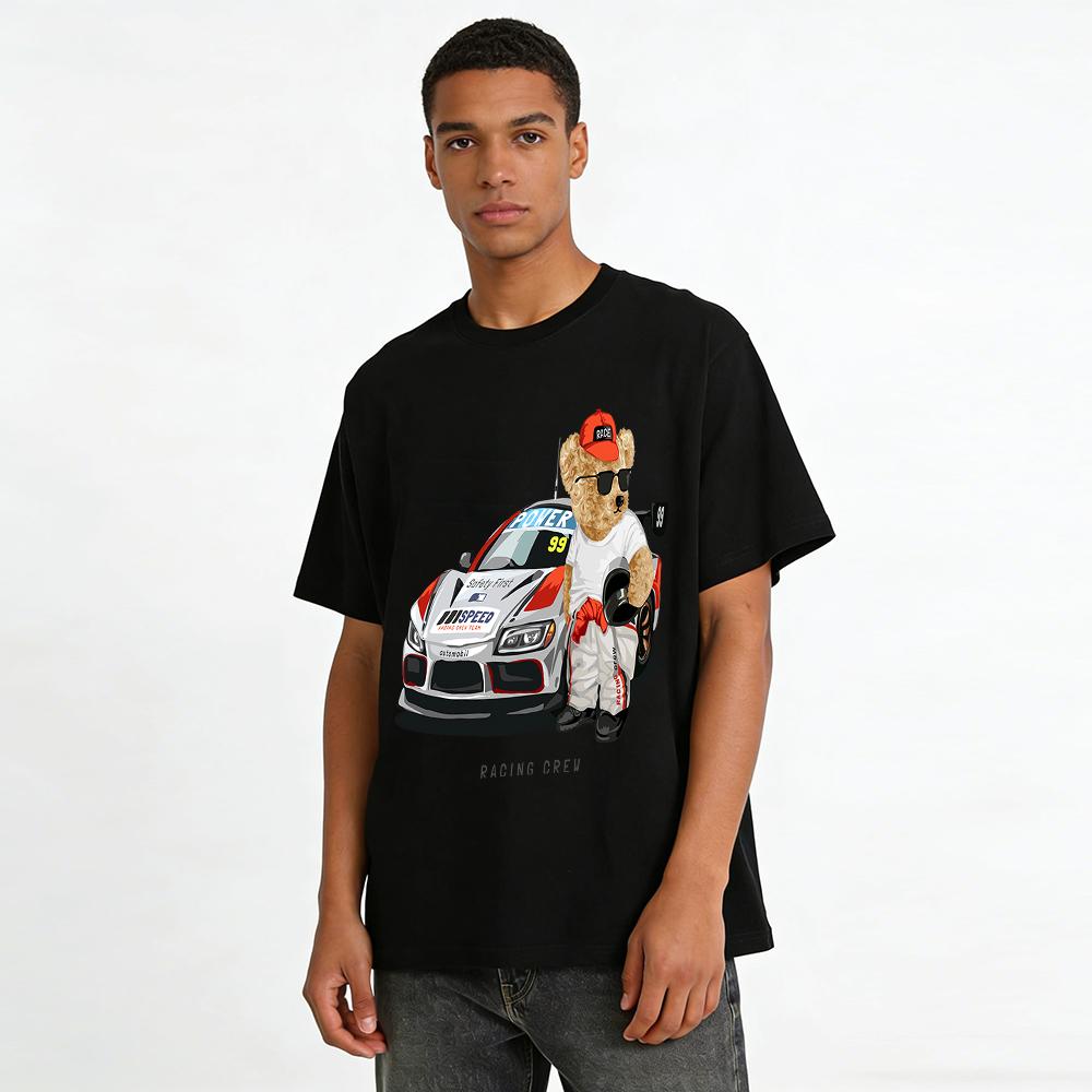 Racing Bear Print Casual T-Shirt Unisex Street Style Top Pure Cotton T-shirt