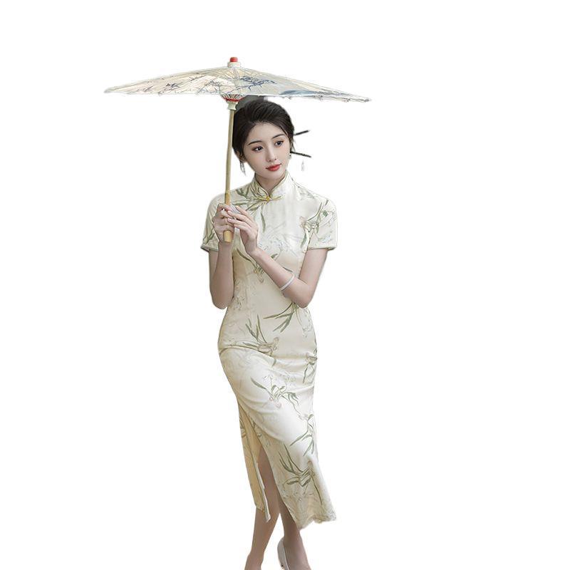 Summer Slimming Split Cheongsam Dress with Frog Buttons - Modern Printed Style