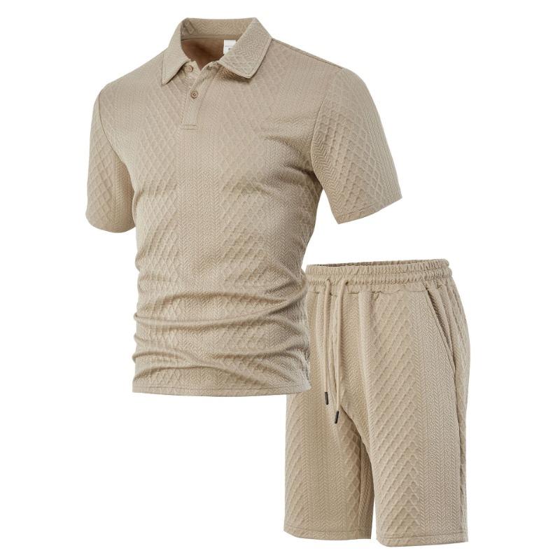Fashion Men's Textured Polo Shirt 2-Piece Set Casual Short Sleeve Top & Shorts Tracksuit
