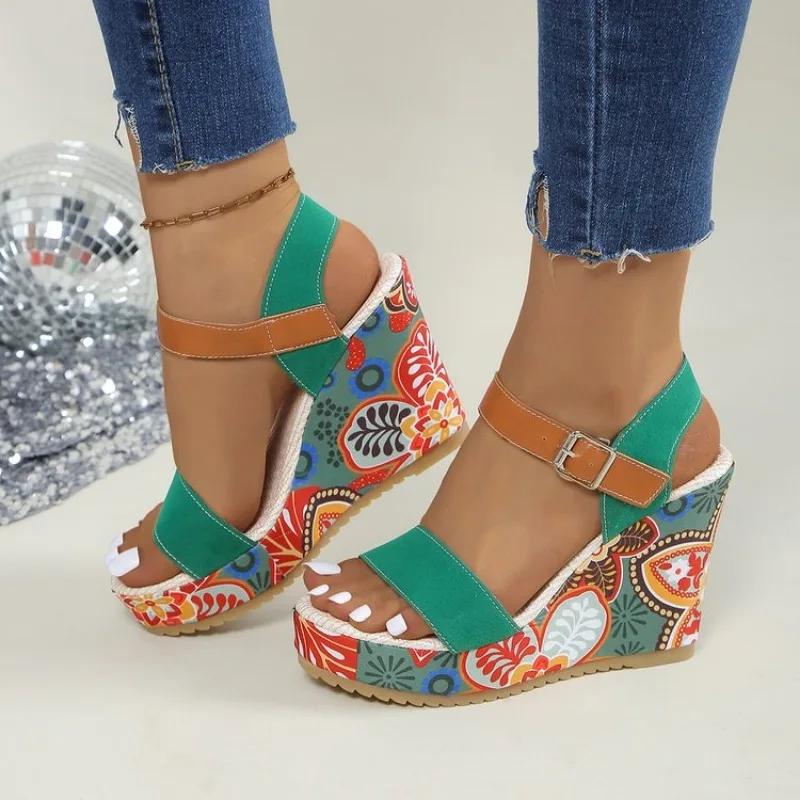 Klínové sandály Dámské Boty na vysokém podpatku Potisk Náhodné Platformové pantofle Nové Letní Módní Lodičky Chůze Šaty