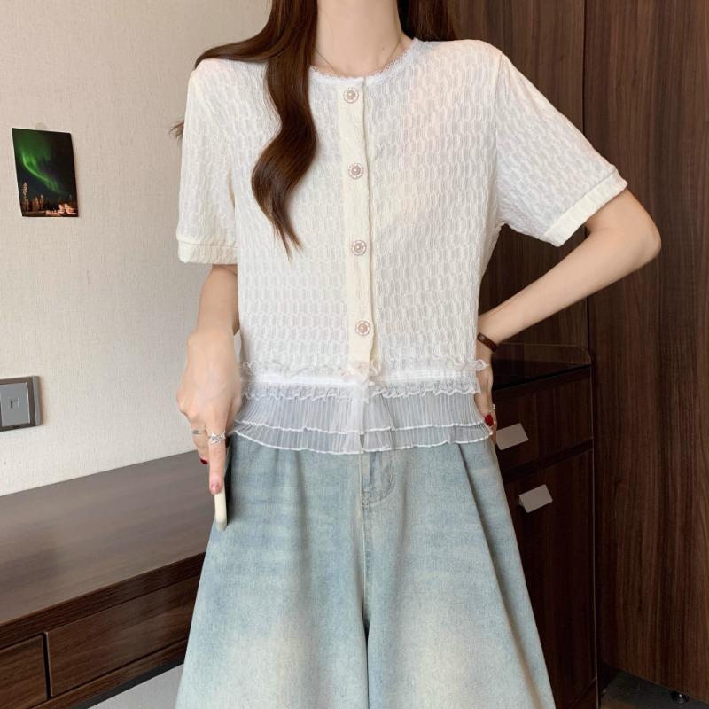 Women Sweet Style Short Sleeve Lace Trim Button Down Blouse