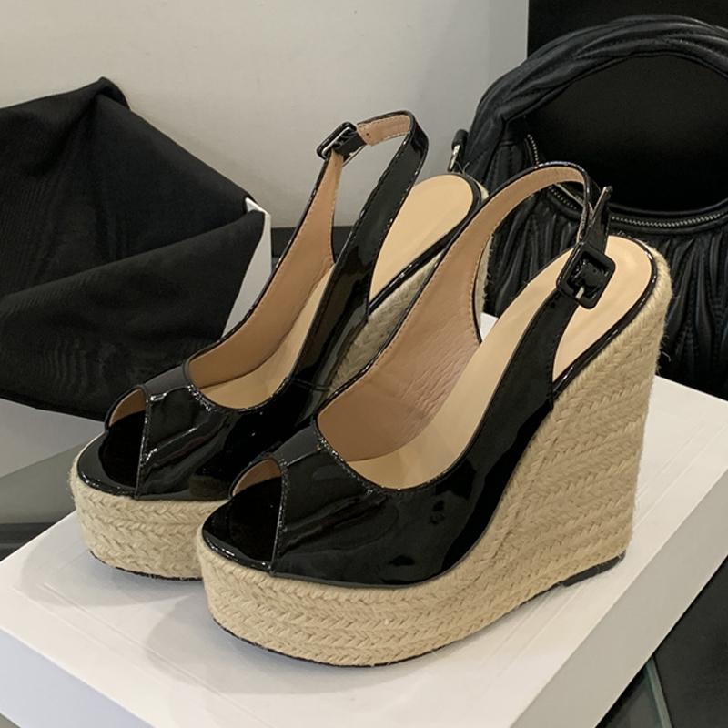 Fashion Liyke New Fashion Peep Toe Wedges Sandals Women Handmade Straw Rope Weave Thick Bottom Platform High Heels Ladies Shoes Black