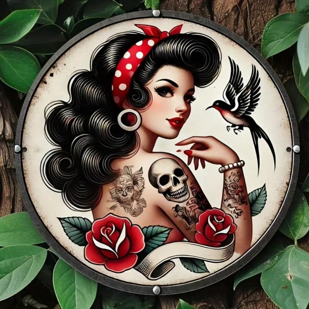 Vintage Tattoo Metal Wall Decor Round Aluminum Art Easy Hang Bedroom Home