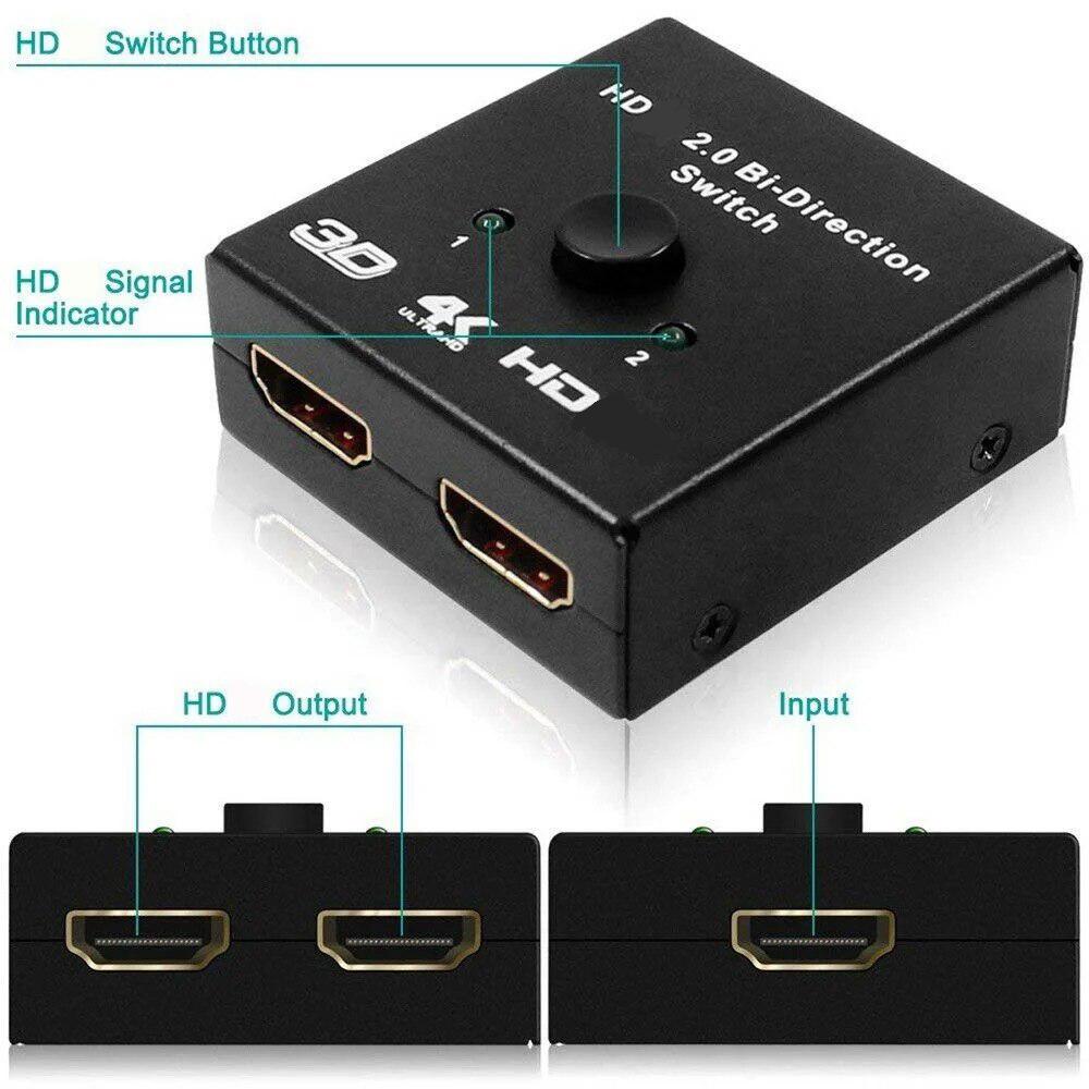 HDMI-Compatible Splitter 4K 60Hz Switch KVM Bi-Direction 1x2/2x1 HDMI Switcher 2 In 1 Out for PS4 PS3 TV Box Switcher Adapter