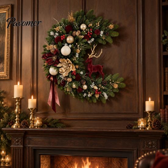 Luxurious Holiday Wreath for Entrance Flocked Christmas with Red Reindeer, Velvet Flocking Hanging Artificial Pine Durable Winter Porch Cones,