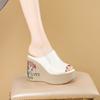Factory direct sales 12cm embroidered wedge heel cool slippers women's 2025 summer new leather super high heel fish mouth slippers women