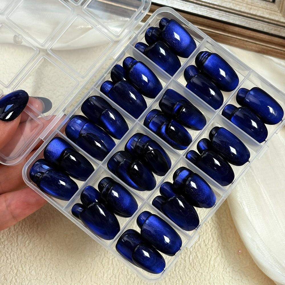 

144Pcs Glossy Dark Blue Cat Eye False Nails Oval Full Cover False Nails New Fake Nails Women синий