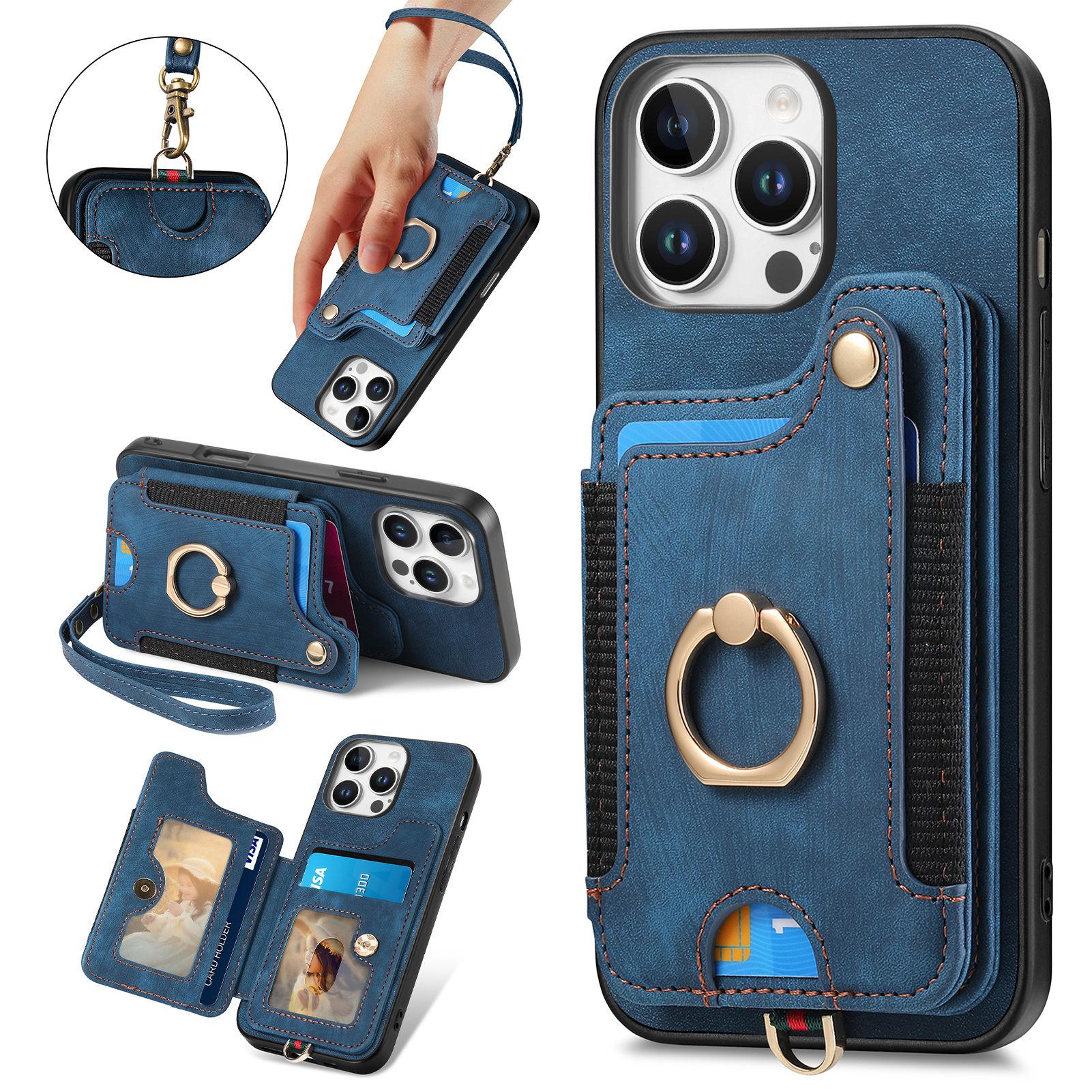 

For iPhone 16 Pro Case RFID Blocking Handbag Leather+TPU Phone Cover Card Slots,Ring Holder Blue