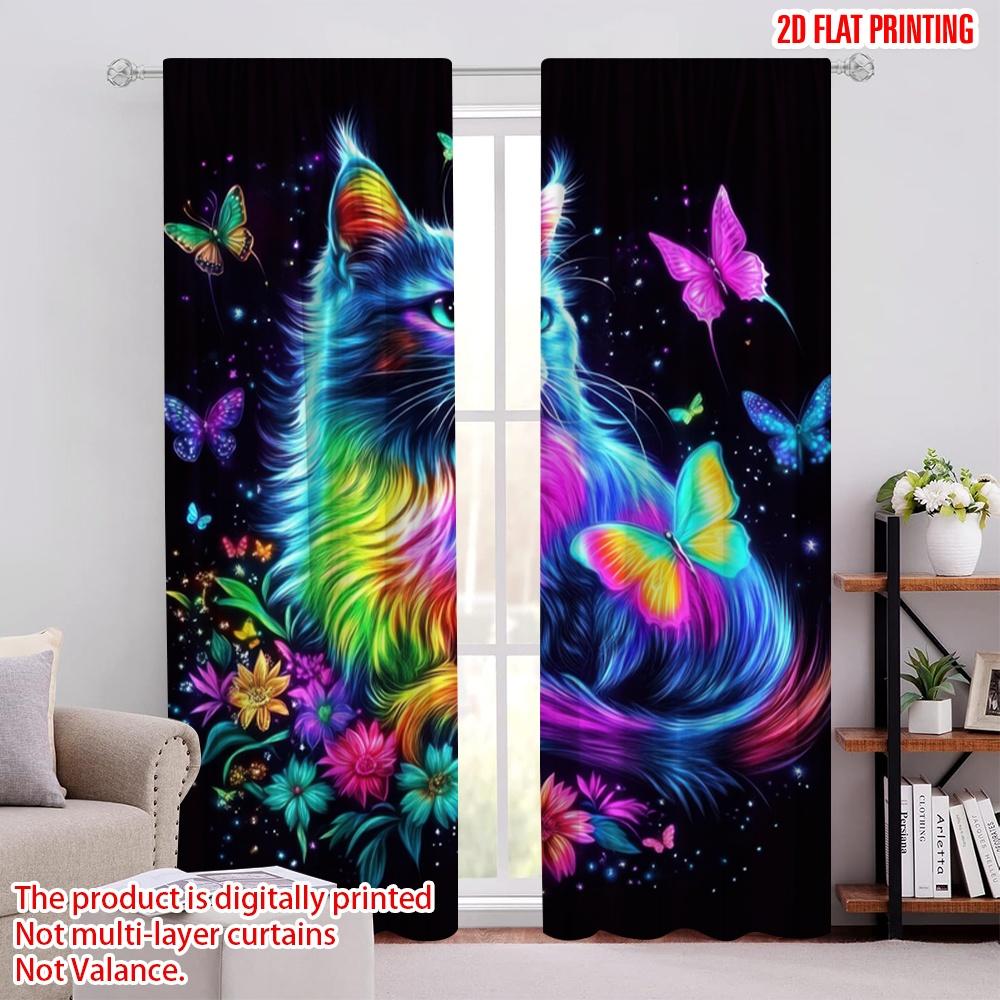 

2 шт., 2D печать на плоскости Популярные шторы Неоновая мечта Кошка Полиэстер Легкая установка (без удилища) Праздничный для кухни, спальни и 52.50 × 116.00 cm 2 pcs
