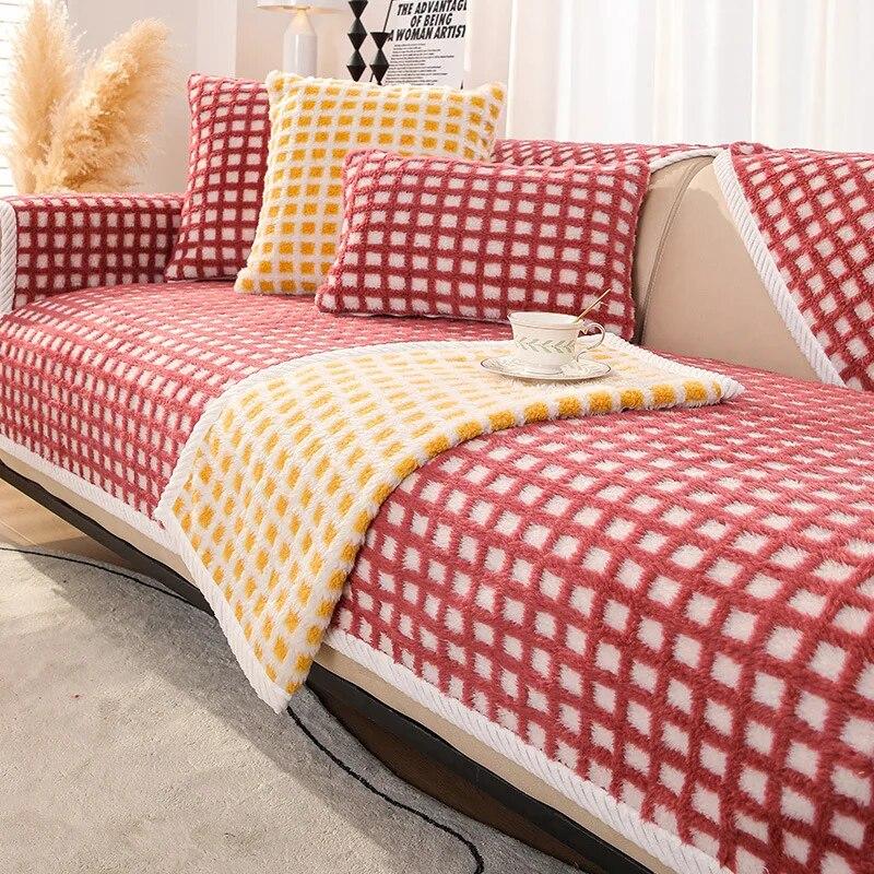 Short Plush Lattice Style Sofa Towel Thicken Quilted Sofa Cover Slip Resistant Couch Cover 1/2/3-seater Sofas for Living Room
