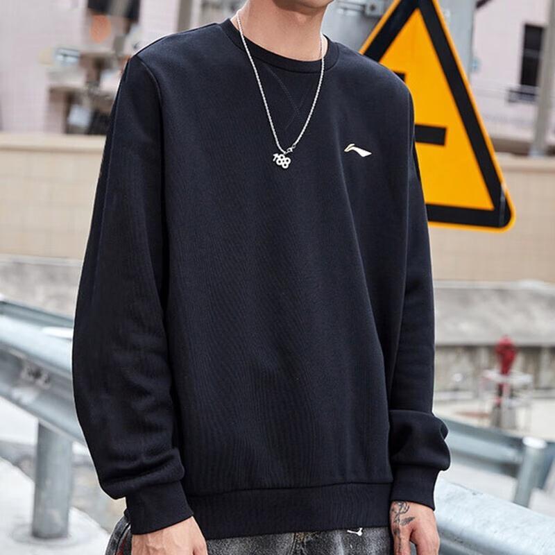 Li-Ning Training Series Solid Fleece-Lined Crew Neck Sweatshirt Men Tops Black AWDRF59-4