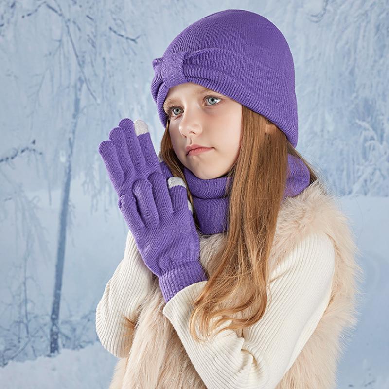 3-teiliges Winter-Mützen-Set für Kinder, Beanie, Schal, Handschuhe, warme Ohren, Strickmütze für Mädchen und Jungen, Kappe, Nackenwärmer, Outdoor, 3–8 Jahre