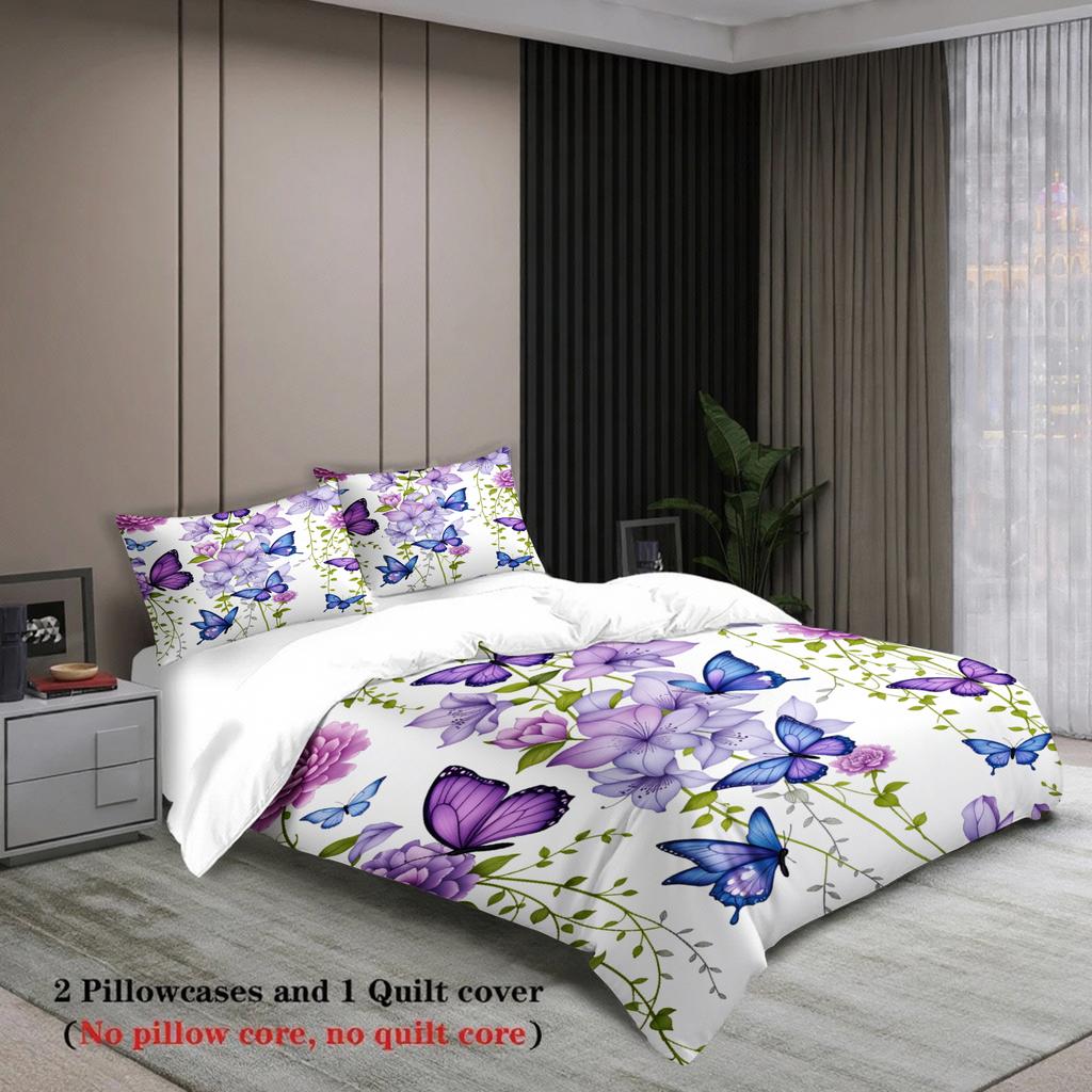 Floral Butterfly Print Bedding Set Purple And Blue Flowers With Butterflies Bedding With Duvet Cover & Pillowcases For Bedroom