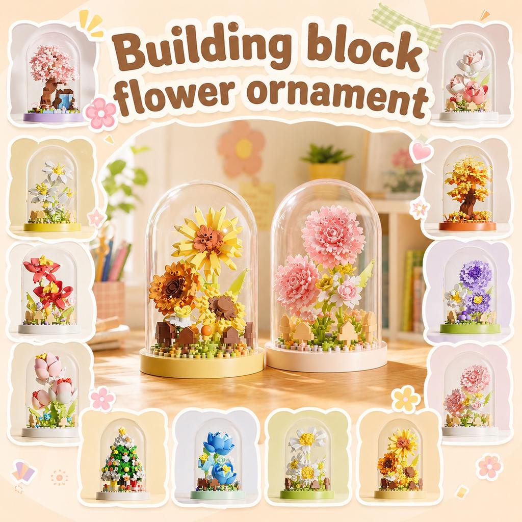 DIY Building Blocks Flower Model Kit with Dome Cover Educational Puzzle Toy for Children and Adults Creative Assembly Decorative Display