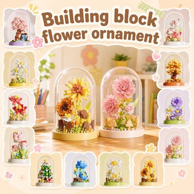 DIY Building Blocks Flower Model Kit with Dome Cover Educational Puzzle Toy for Children and Adults Creative Assembly Decorative Display