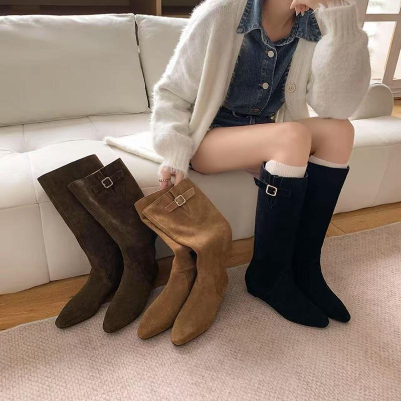 Winter Mid-Calf Boots Women Cow Suede Metal Buckle Decoration Vintage Western Knight Boots Female Handmade