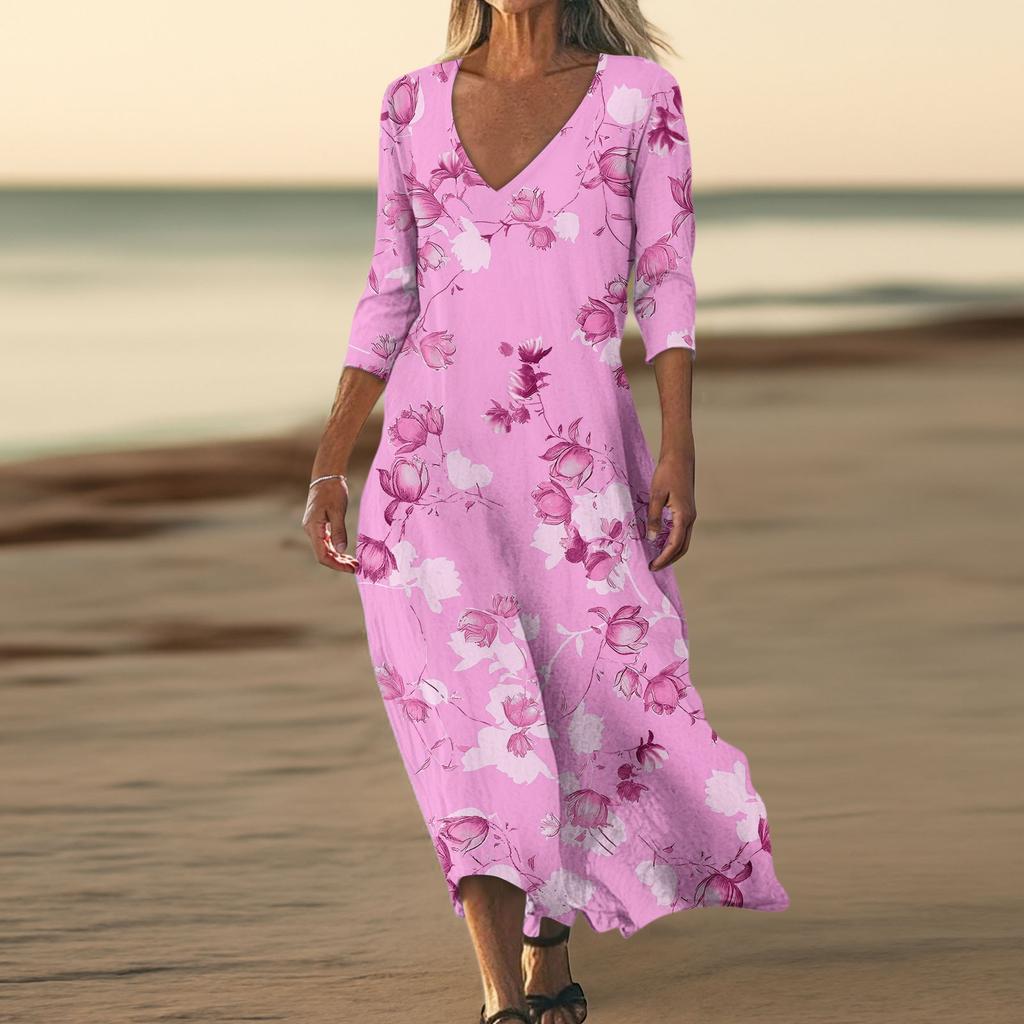 Dresses For Womens Vintage Print Tunic Waisted Midi Dress Summer Casual  3/4 Sleeve Dress