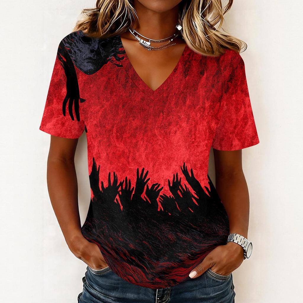Women's Casual Short Sleeve V Neck Pullover Top Halloween Print Lightweight Loose Fit Tee Shirt