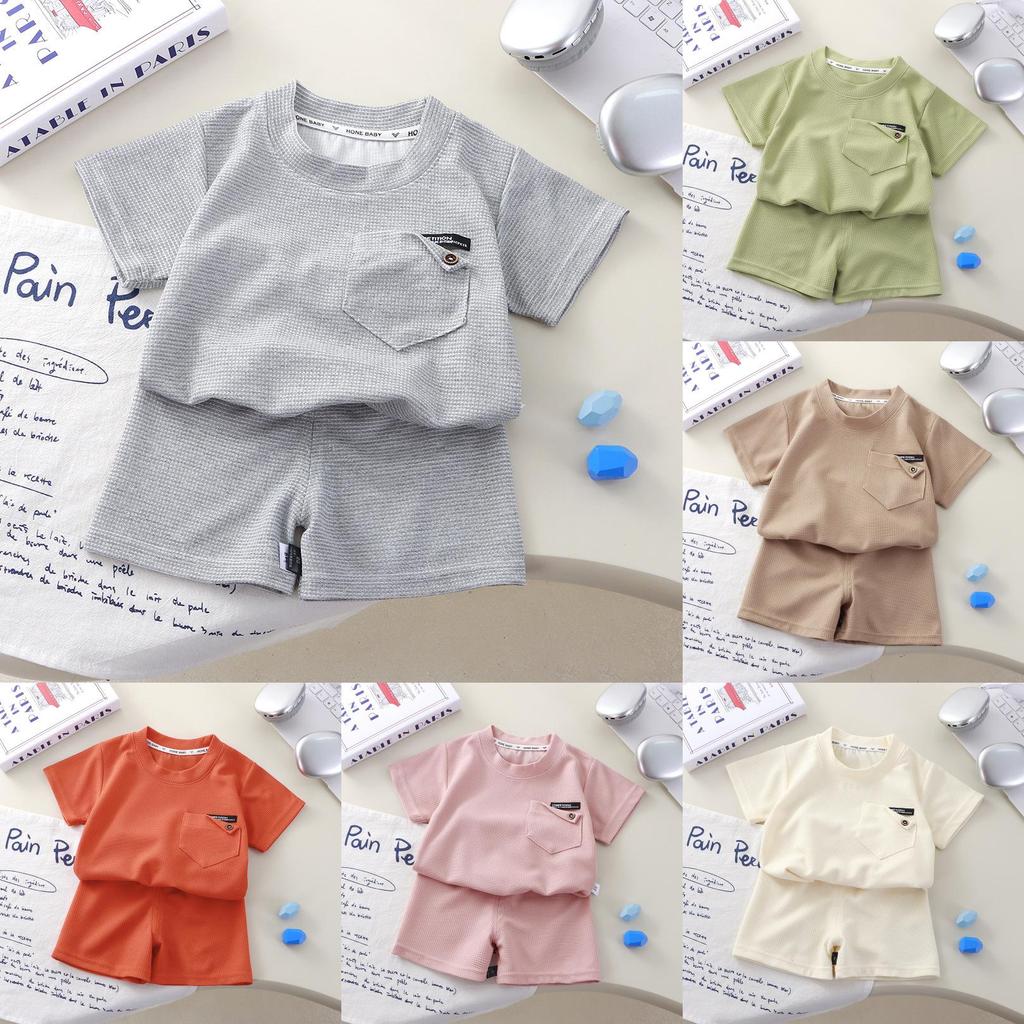 Kids Summer Waffle Short Sleeve Set With Soft Polyester For Toddler Active Play