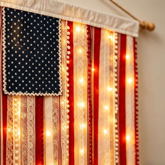 Wall Hanging Flag Decorative American Flag Banner with LED Lights Vintage Style Polyester Wall Decoration for Indoor Outdoor Party