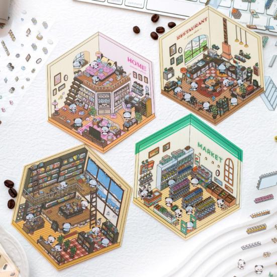 4Pcs DIY Scene Stickers 3D Miniature House Stickers Set Reusable Easy To Use DIY Projects Bookstore Scene Stickers