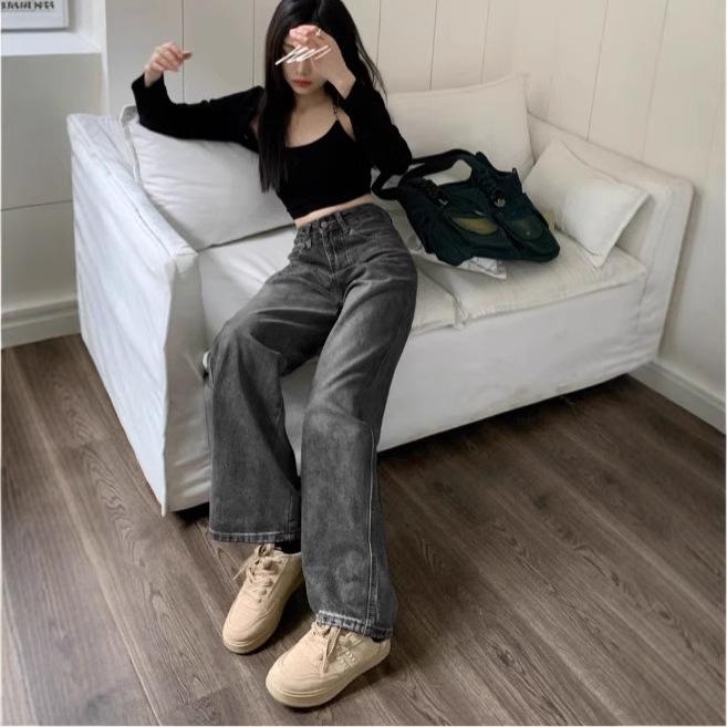 2025 Spring Women’s High Waist Retro Black/Grey Straight Leg Jeans