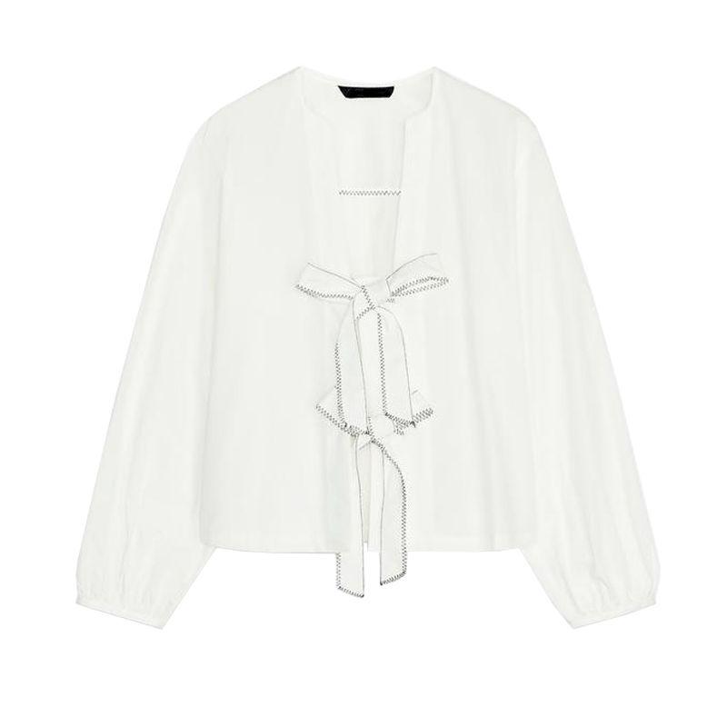 Spring New Women's Clothing Contrast Color Seized Line Bowknot Decoration Poplin Shirt Tops 0387058 2298085