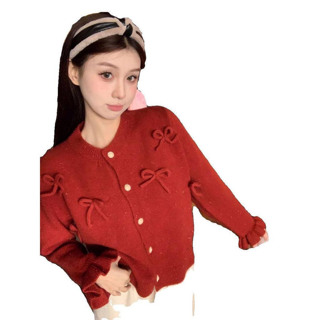 Sweet Bow-Knit Round Neck Women's Cardigan: Elegant Long Sleeve Sweater for Autumn & Winter