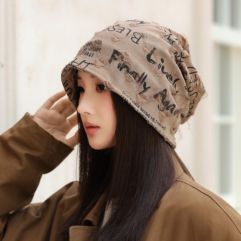 Versatile Autumn and Winter Casual Bag Head Hat Big Head Circumference Showing Face Small Pile of Hat Outdoor Letter Pullover Hat