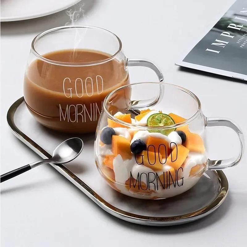 

Creative Glass Coffee Milk Mug Large Capacity with Handle Transparent Glass Good Morning Breakfast Cup Cocktail Mugs Coffee Cup 301-400ml