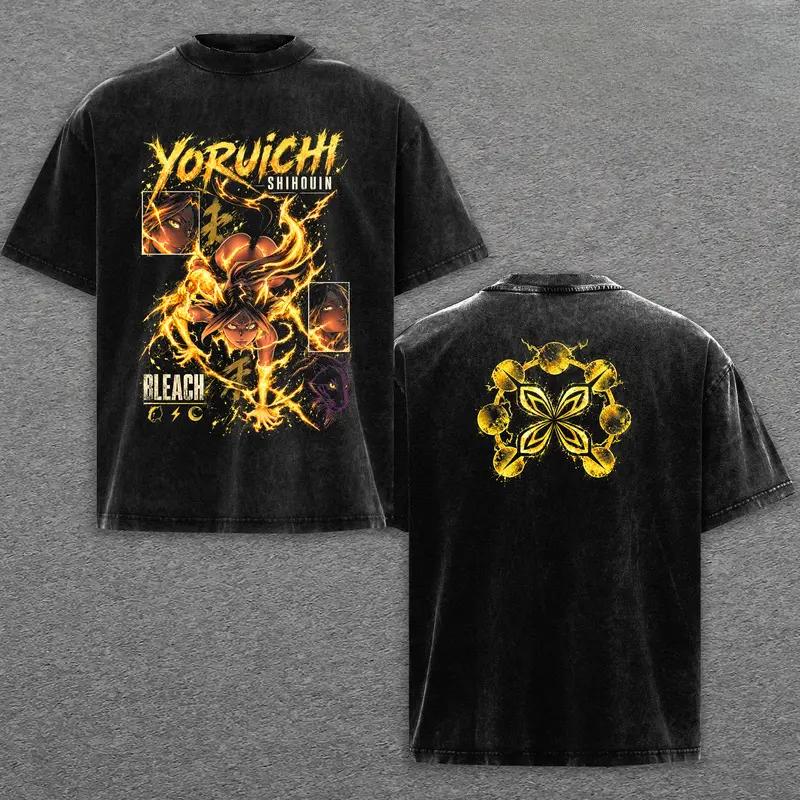 Bleach Yoruichi Shihouin Vintage Washed T Shirts Men Women Double Sided Print Anime Graphic Tees Oversized Short Sleeve T-shirts