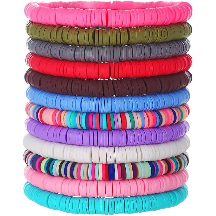 12pcs Friendship Bracelets Beaded Bracelets Heishi Bracelet Cute Bracelets Stack Vinyl Clay Disc Bead Surfer Stretch Summer Beach Bracelets For Women