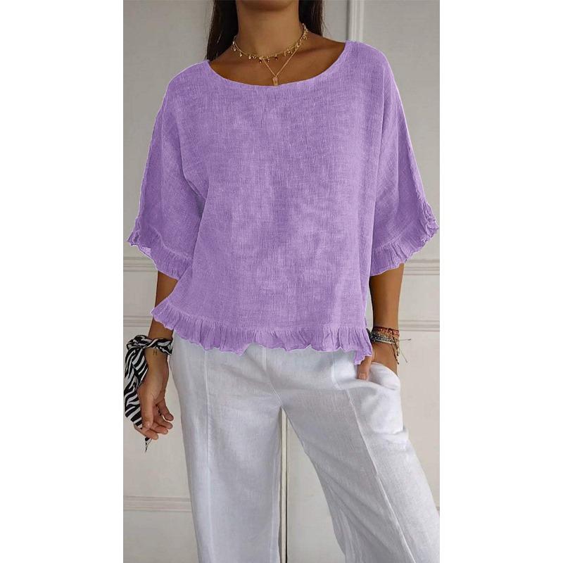 Sommer Lässiges T-Shirt Rundhals Kurzarm Baumwolle Leinen Bluse Lässig Einfarbig Locker Pullover Kleidung Fit Shirt für Damen